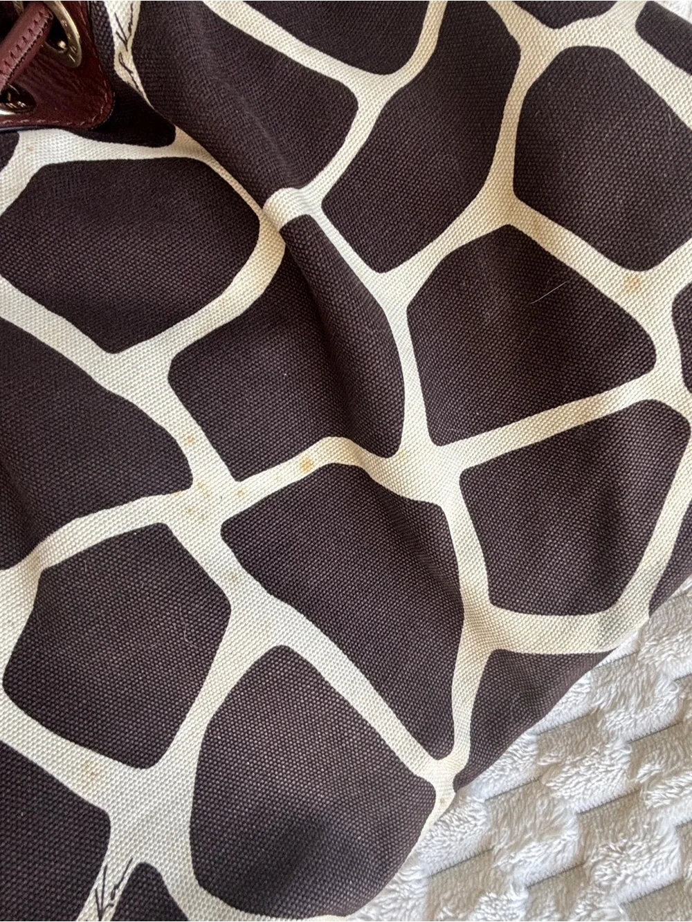 Michael Kors giraffe print canvas, leather trim designer, Gromit detail